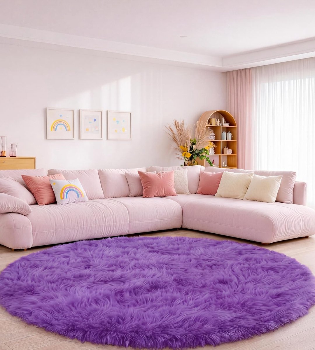 Rond, 200 cm, paars, wasbaar, antislip, rond, hoogpolig tapijt, kinderkamer, slaapkamer, pluizig