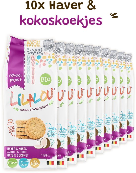 Rij van 10 verpakkingen LilaLou koekjes met "Haver & kokos" erop.