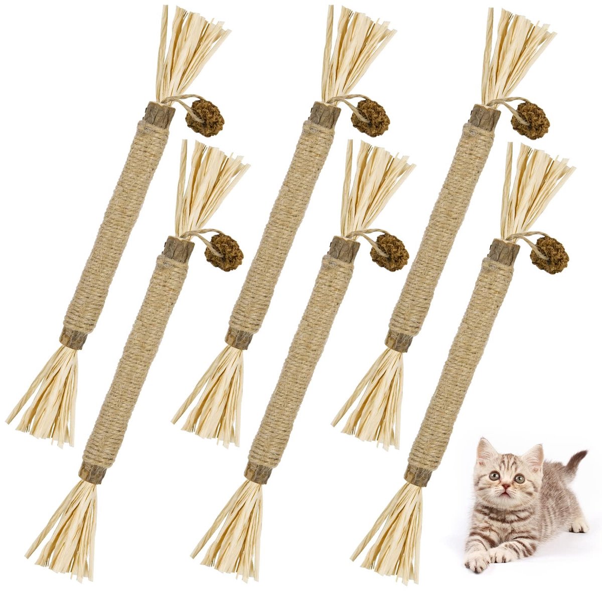 Kattenspeelgoed, 6 stuks Natuurlijke Matatabi Catnip Sticks Kitten Tandjesspeeltje, Kat Tanden Reiniging Kauwbare Catnip Speelgoedsticks voor Binnen, Kittens
