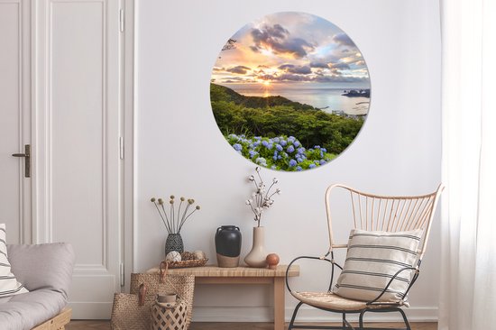 WallCircle - Cercle mural - Cercle mural - Vue mer et hortensias - Aluminium - Dibond - 120x120 cm - Intérieur et Extérieur XXL