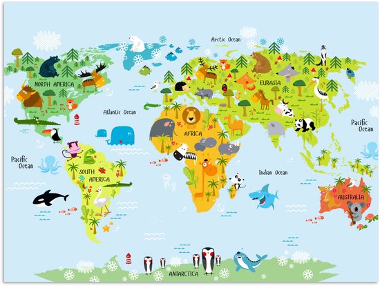 Wereldkaarten - Wereldkaart - Kinderen - Dieren - Natuur - Jongens - Meisjes - 80x60 cm