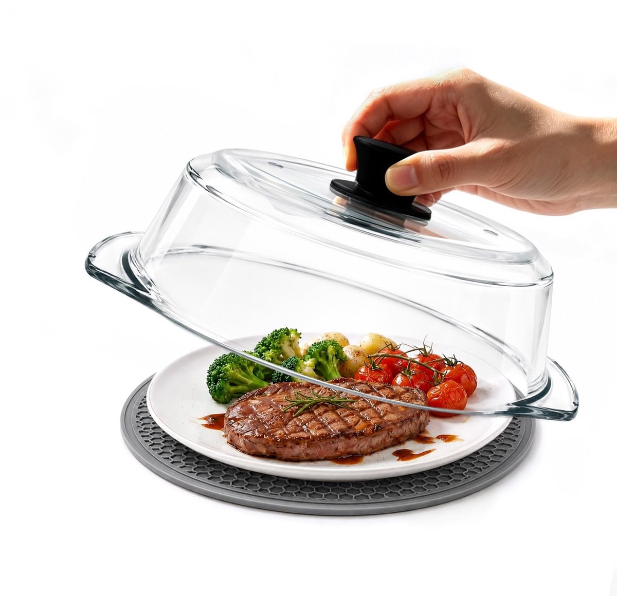 SolidKeus - Magnetron Deksel van Glas met Siliconen Handvatten en Ventilatieopeningen
