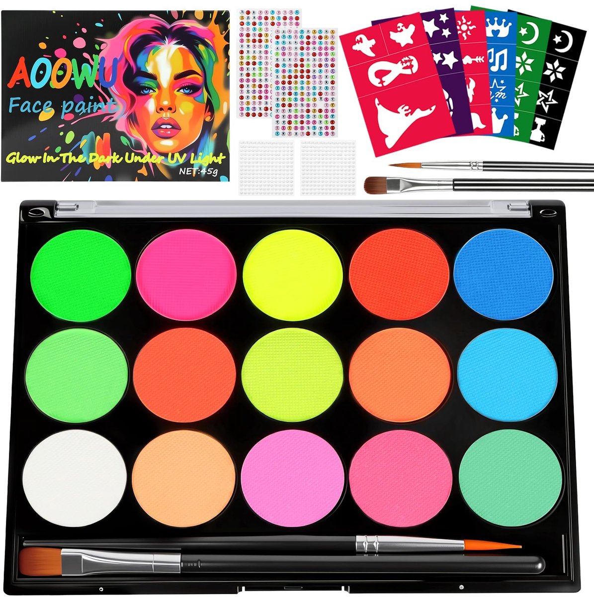 SolidKeus - Kinderschmink Set, 15 Kleuren, Wasbaar, Inclusief Stencils