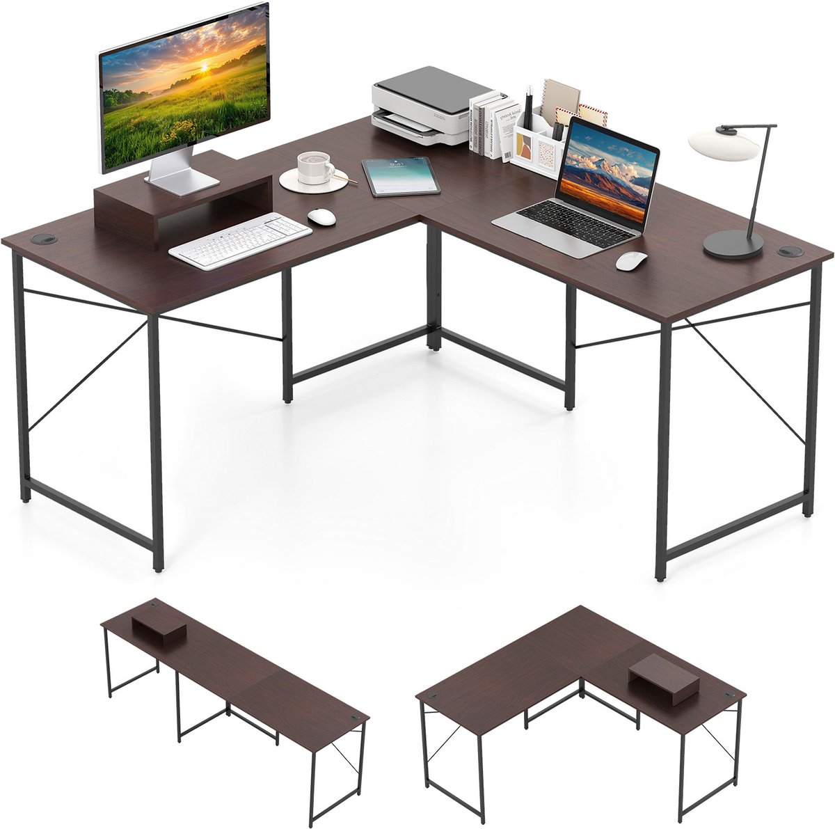 COSTWAY L-vormig bureau, omkeerbaar hoekbureau, hoektafel met kabelgaten en afneembare CPU-standaard/monitorstandaard, computertafel, thuiskantoor, bruin, zonder