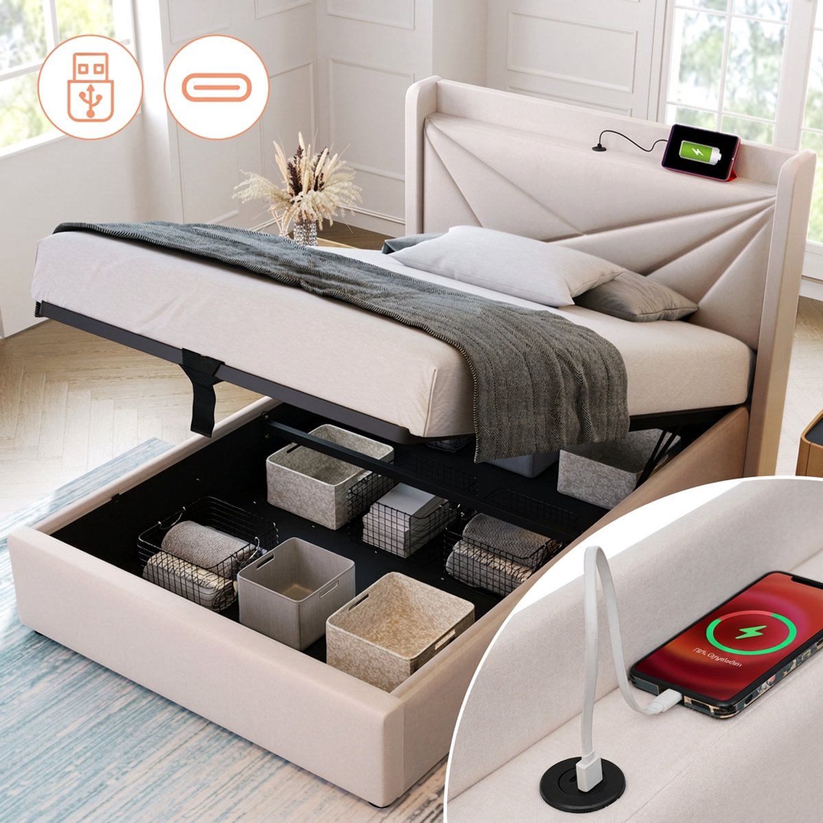 Gestoffeerd eenpersoonsbed 90 x 200 cm - Opbergruimte en USB-C in hoofdbord - Linnen-Matras niet inbegrepen