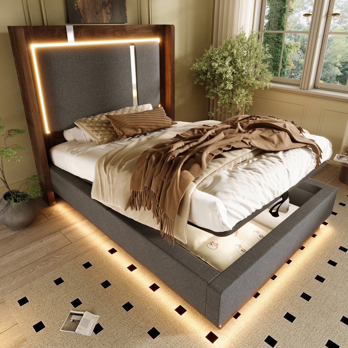 VVBV Eenpersoonsbed 90x200 cm - Hydraulische Opbergruimte, LED-Verlichting, Met Lattenbodem - Walnoot, Linnen