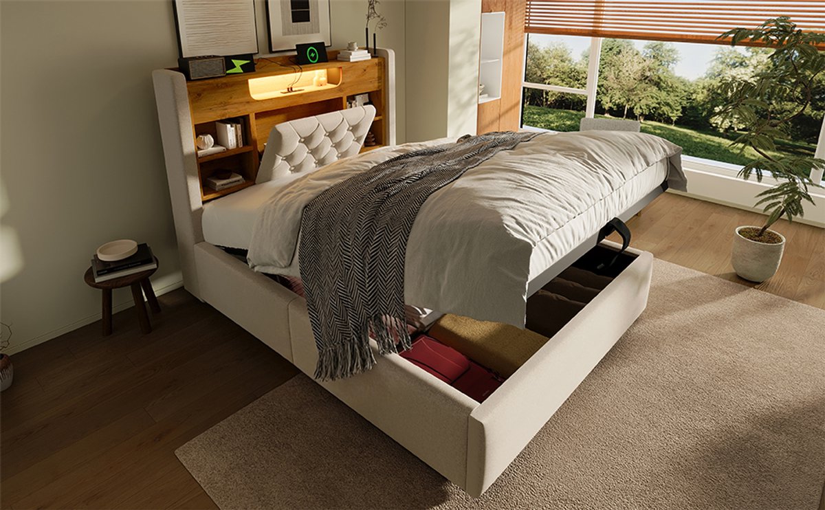 VVBV Eenpersoonsbed 90x200 cm - Hydraulische Opbergruimte, USB & Type-C, LED-Verlichting, Opbergruimte Onder Bed - Beige