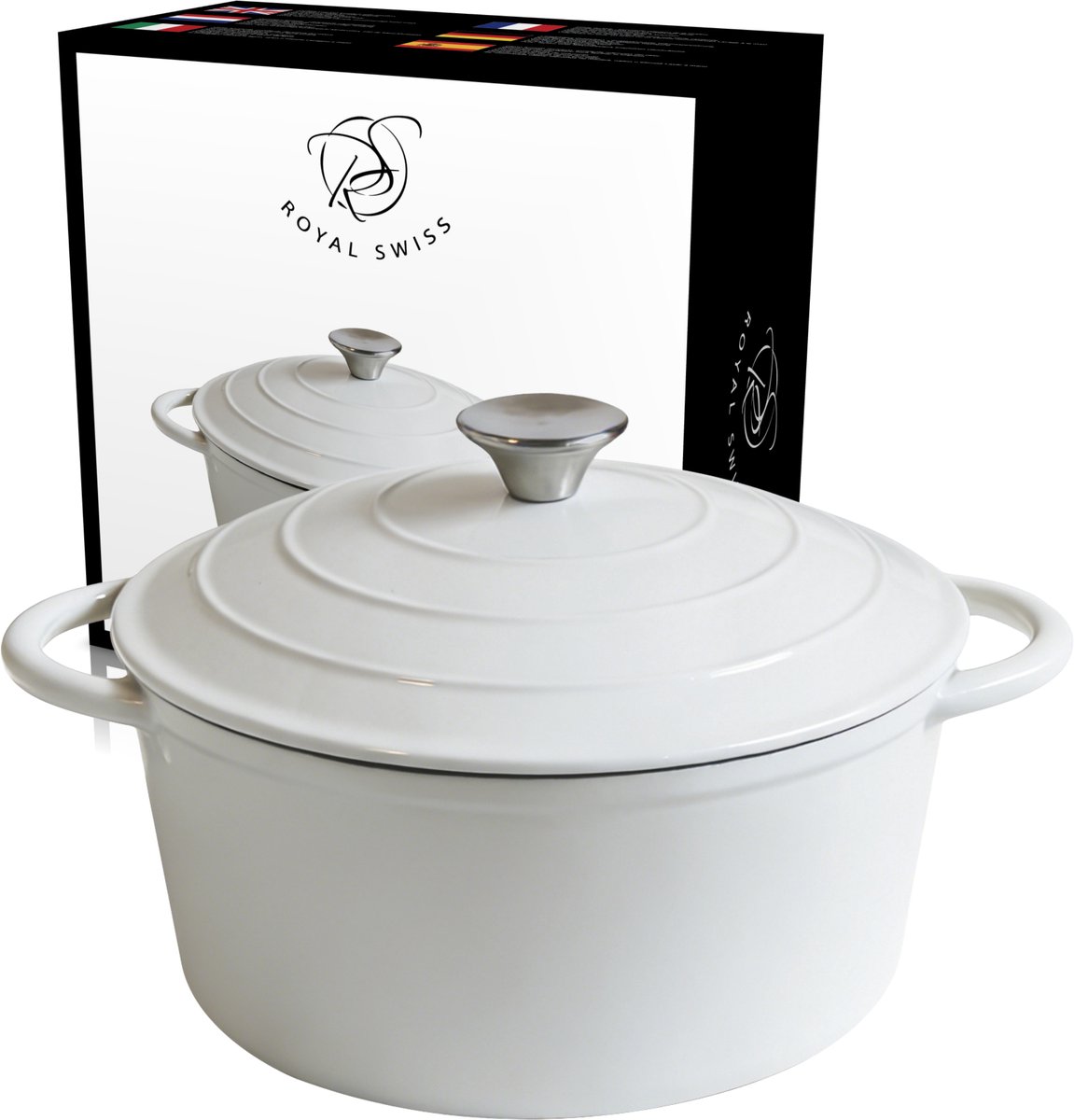 Royal Swiss® Gietijzeren Braadpan 22 cm – Inductie Braadpan – Geëmailleerde Gietijzeren Stoofpan – Ovenbestendig – Met Deksel – Crème