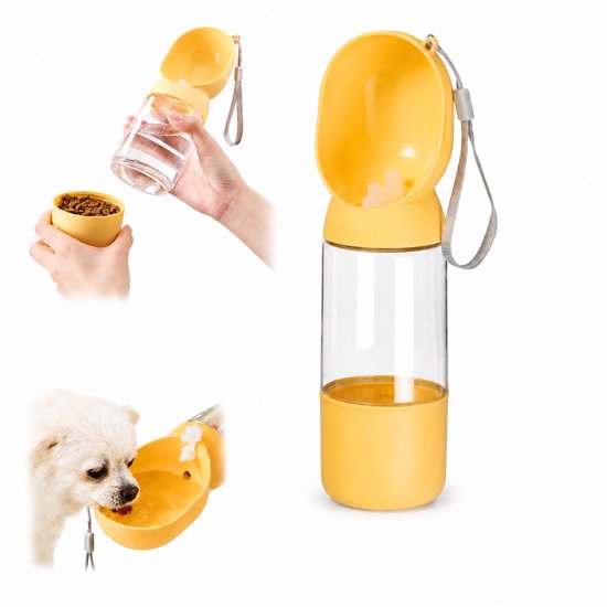 Biberon jaune pour animaux de compagnie 2-en-1, avec un chien buvant dans la gamelle.