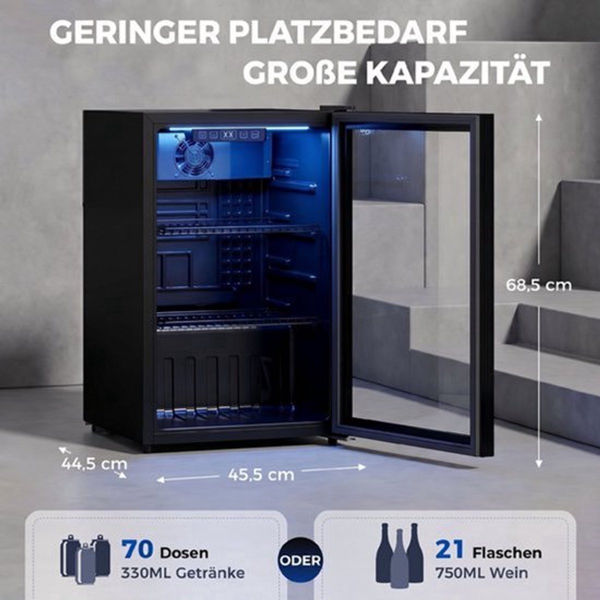 TEKROA® Vrijstaande Drankenkoelkast 70L met Glazen Deur - Mini Koelkast voor 70 Blikjes / Bier & Wijn - LED Verlichting & Verstelbare Planken - Zwart