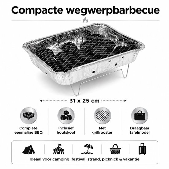 WDMT Wegwerpbarbecue 31 x 25 cm - Complete Eenmalige BBQ met Houtskool en Grillrooster - Draagbare Tafelbarbecue voor Camping, Festival, Strand, Picknick & Vakantie - Zilver — afbeelding 3