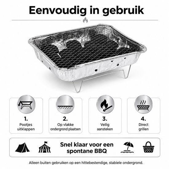 WDMT Wegwerpbarbecue 31 x 25 cm - Complete Eenmalige BBQ met Houtskool en Grillrooster - Draagbare Tafelbarbecue voor Camping, Festival, Strand, Picknick & Vakantie - Zilver — afbeelding 4