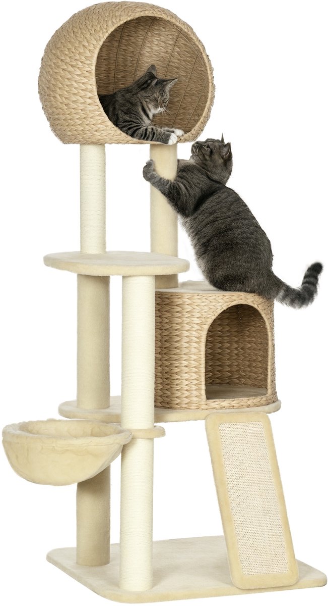 Klimrek van natuurlijk jute 60 x 60 x 150 cm – inclusief hangmat – 2 kattenmandjes – 1 platform – 1 hangmat – pluche speelgoed en waterlelies – voor katten om binnenshuis te rusten en te spelen – beige