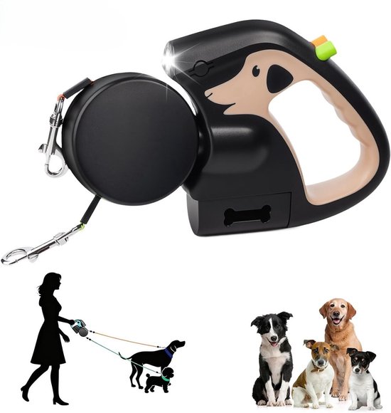 Laisse rétractable noire avec accents beige clair et lumière. Convient pour 2 chiens.