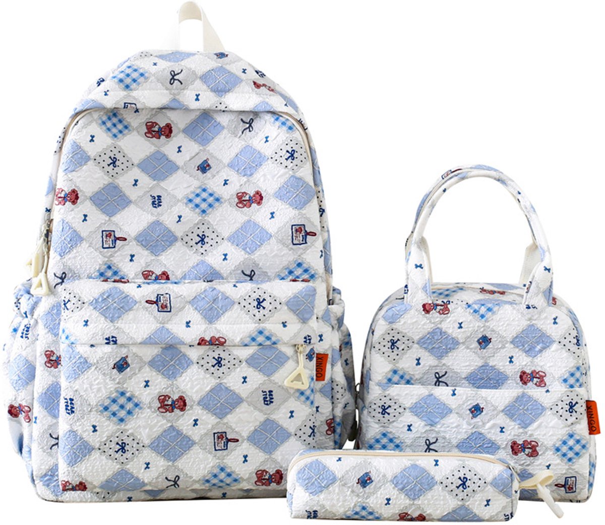 3-delige Rugzak Set Meisjes – Schoolrugzak met Lunch Tas en Etui – Lichtgewicht Nylon – Grote Rugzak voor School en Dagelijks Gebruik– 42 × 30 × 14 cm – Lichtblauw