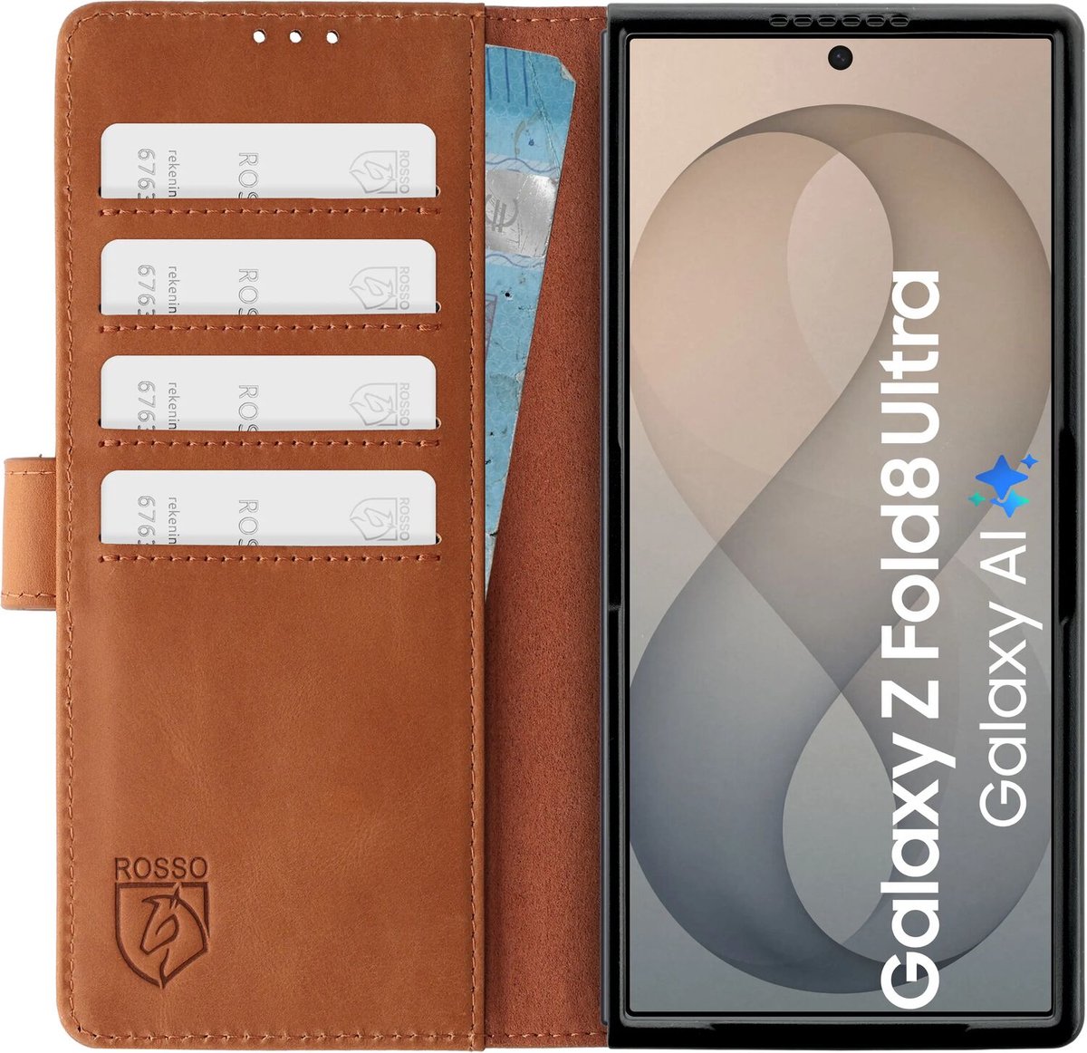 Rosso Deluxe Echt Leer Hoesje Geschikt voor Samsung Galaxy Z Fold 8 Ultra | Ruimte voor drie pasjes | Portemonnee Book Case | Met Pasjeshouder | Bruin