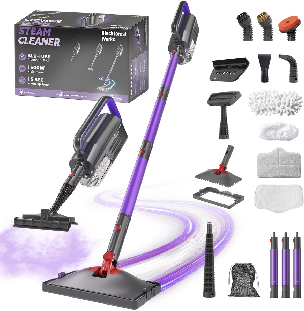 2-in-1 Stoomreiniger 1500W - Stoommop & Handstomer - 15 sec. Opwarmtijd - 4 bar - Draaibare Kop - 350 ml - Voor Vloer Bank Keuken Badkamer & Ramen
