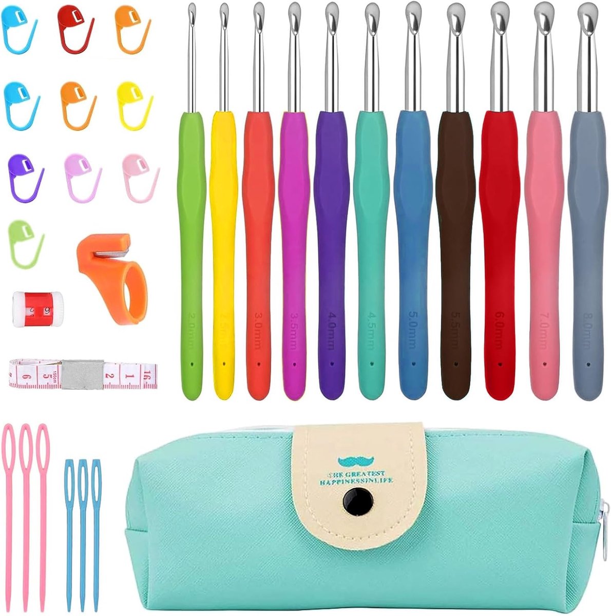 Haaknaaldenset, 37 stuks, kleurrijke haaknaaldenset, ergonomische haaknaaldenset, Soft Rubber Comfort Grip haaknaaldenset, huishoudelijk gereedschap met draagbare tas