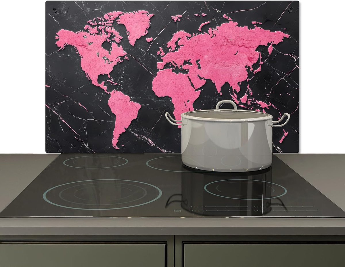 Spatscherm Keuken 51.6x89.6 cm Kookplaat Achterwand Beschermer Muur Spatwand Fornuis Aluminium Hittebestendig - Wereldkaart - Roze - Marmer