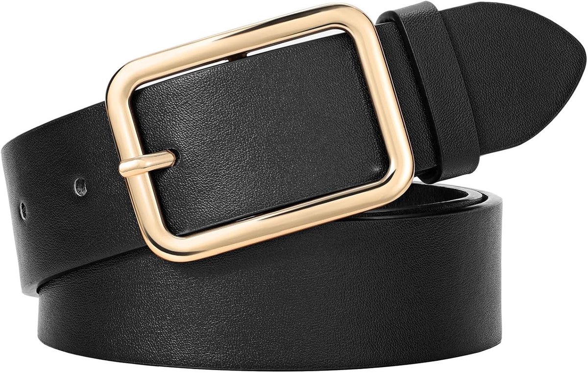 Leren damesriem, zwart, met klassieke vierkante gesp, damesriem voor jeans, 3,3 cm breed