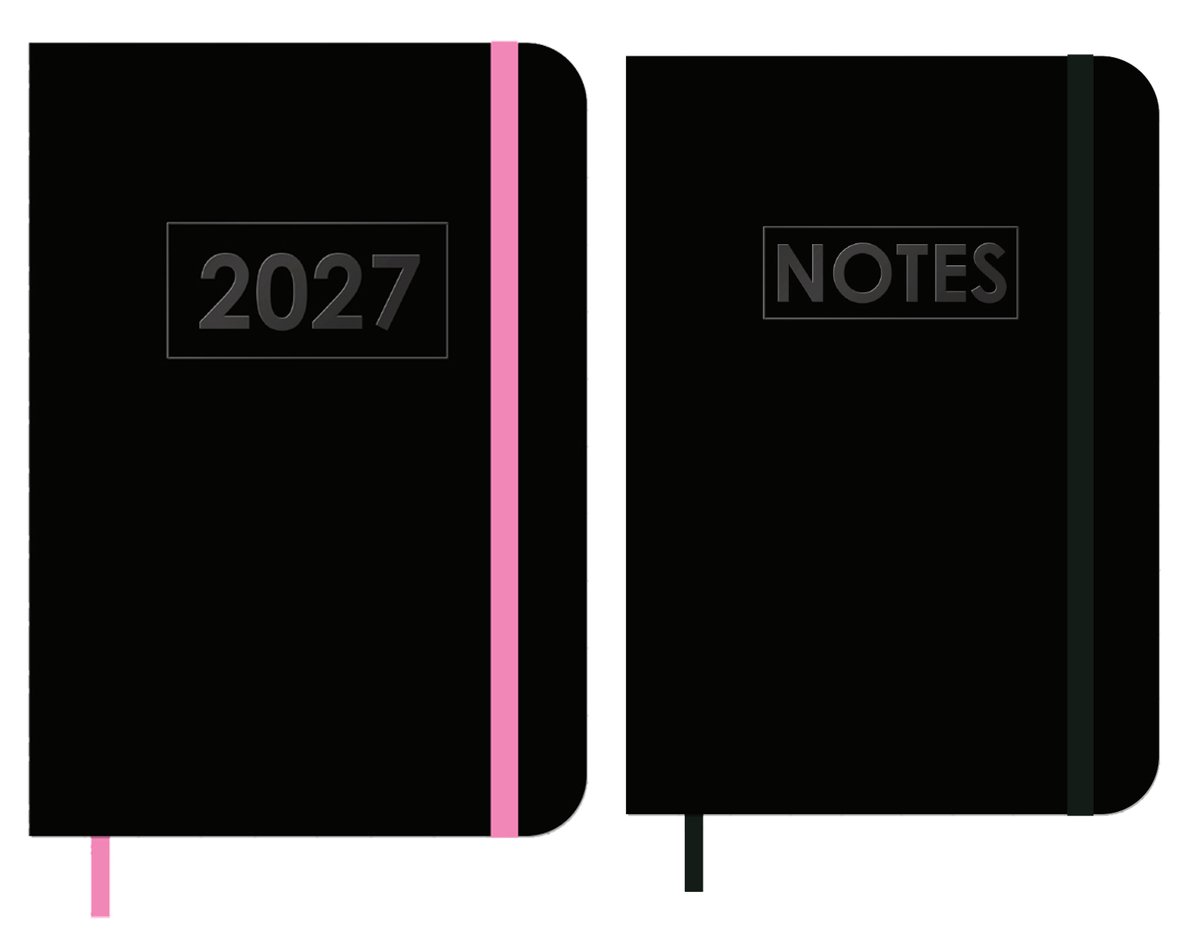 MGPcards - A6 Agenda 2027 - Weekoverzicht 1w/2p - Zwart + Roze elastiek - 10,5 x 14,8 cm + Notitieboekje/opschrijfboekje - gelinieerd - 80 pagina's - A6 - Zwart