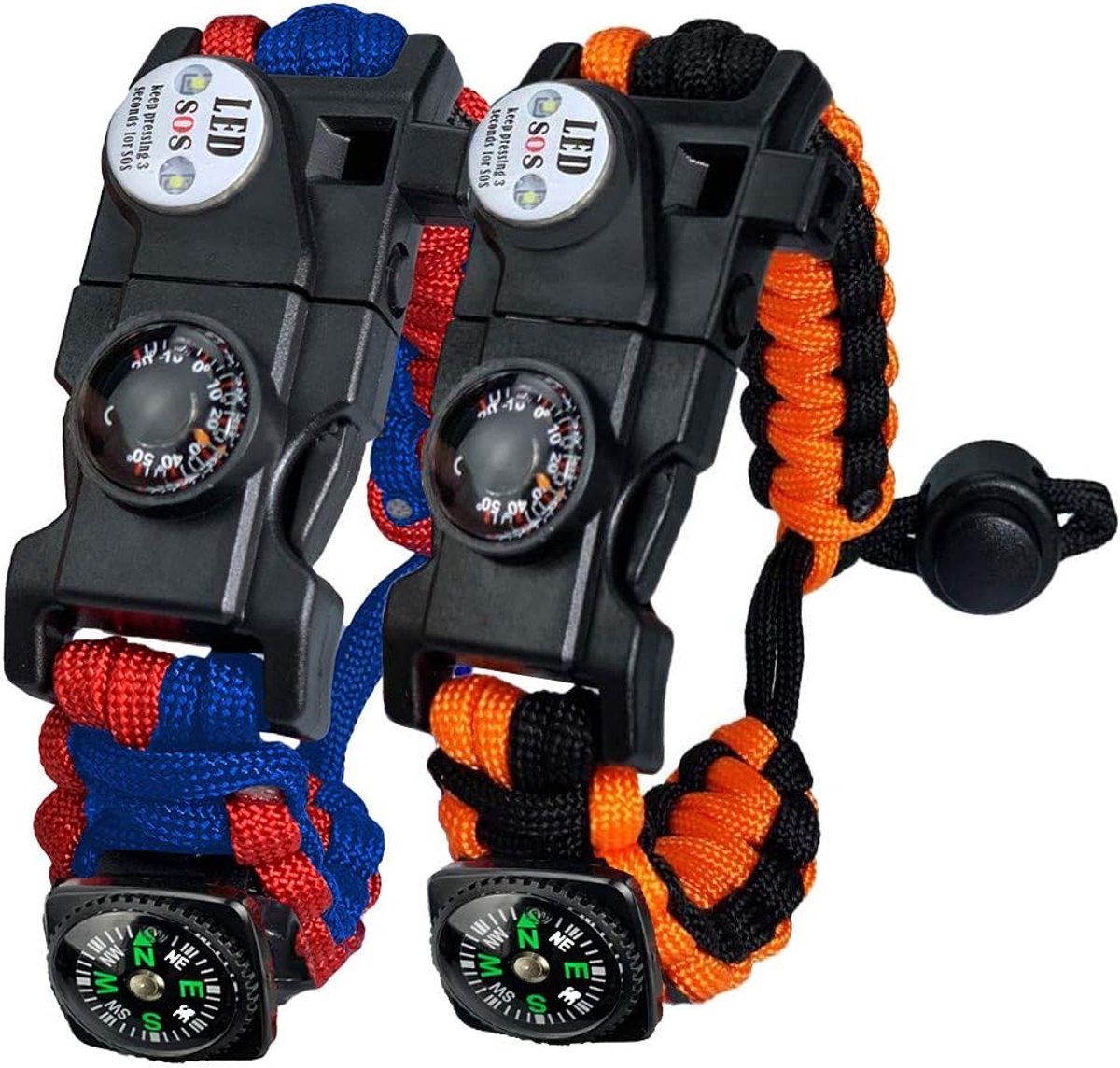 Paracord-survivalarmband voor dames en heren, survivalarmband met vuursteen, kompas, thermometer (rood, blauw en oranje)