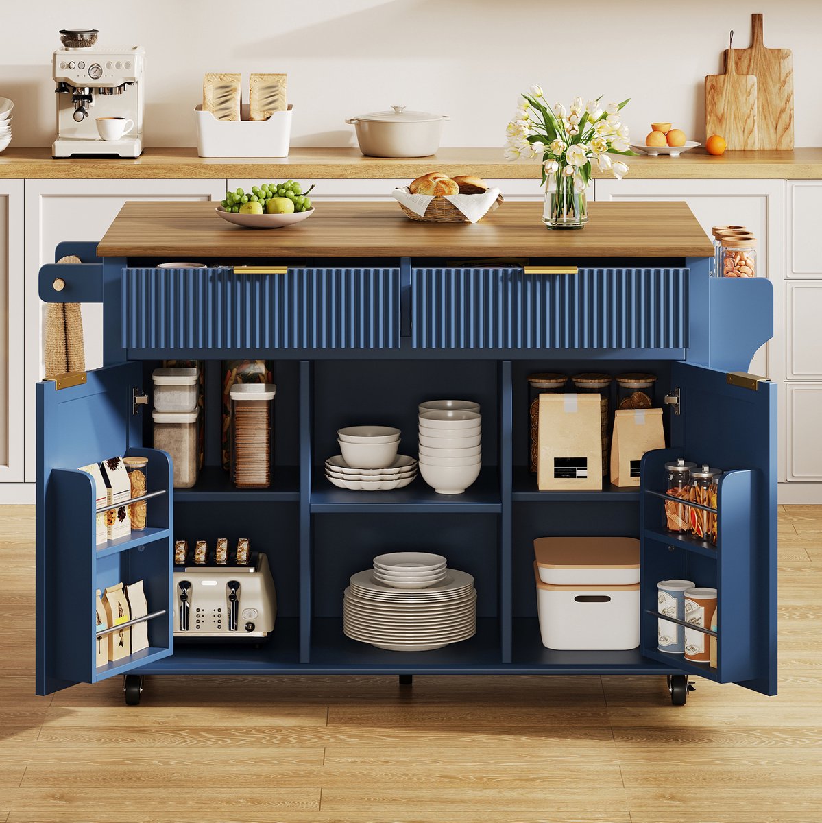 Kast Op Wielen Met Klapbare Werkblad En Opbergruimte Voor Keuken Blauw Houtlook 143 X 69 X 89,5 Cm