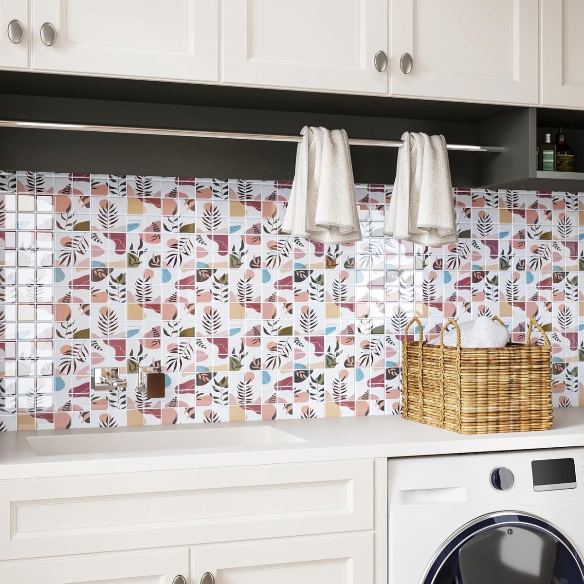Boho zelfklevende tegels vierkante witte tegelstickers badkamer waterdicht vintage bladeren keukenachterwand zelfklevende 3D wandtegels zelfklevende keuken open haard waskeuken 4 stuks 30,5