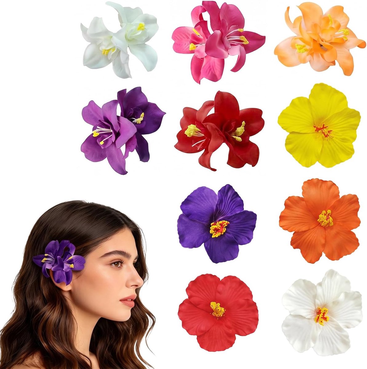 Haarspelden, 10 stuks, hibiscus en orchidee, haaraccessoires voor vrouwen en meisjes, hoofddeksels voor bruiloft, strandfeest en zomervakantie