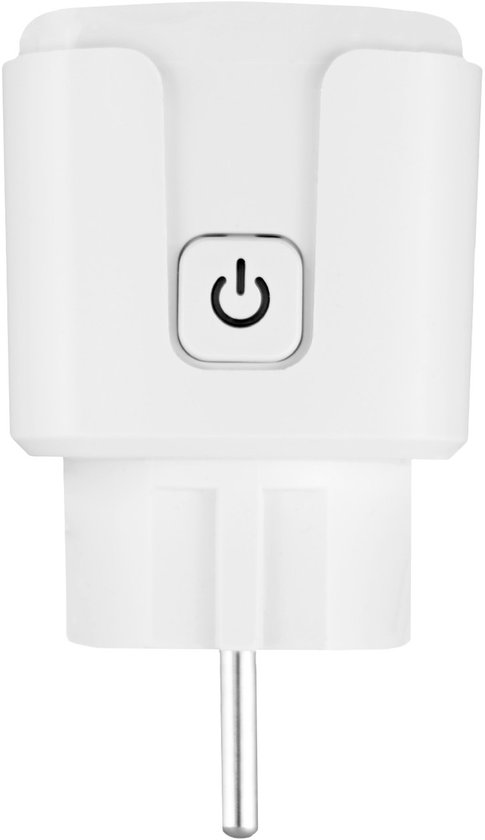 Witte GreenBlue Wi-Fi slimme stekker met twee pinnen en een aan/uit-knop met blauw gloeiend symbool.