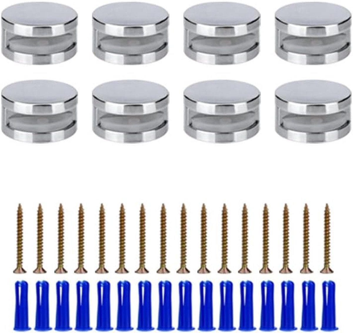 8 stuks klembevestiging, spiegelclip, multifunctioneel, rond, 3-5 mm frameloos spiegel-montagemateriaal, dubbele schroefbevestigingsset met robuuste lange schroeven en pluggen, zilver