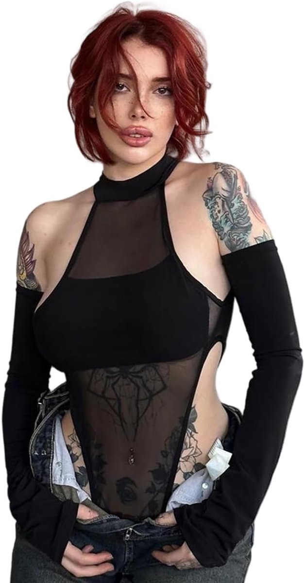 Dames lange mouwen Mock Neck Sheer Mesh Top Y2k Streetwear Rave Outfit