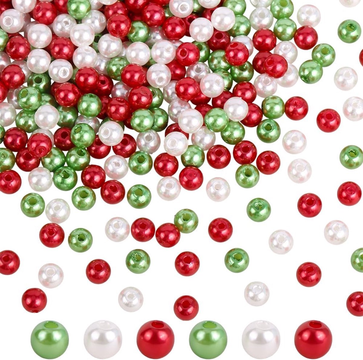 Kralen, 6 mm, rood, groen, wit, spacerkralen, kerstboomversiering, parelketting, knutselset, doe-het-zelf sieraden, 1 ~ 2 mm gat