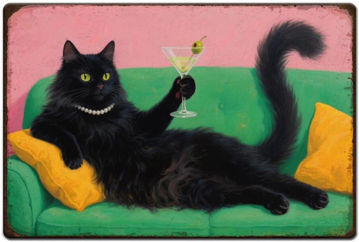 Zwarte kat met cocktail tinnen borden, retro kat liggend metalen poster ijzeren wanddecoratie rechthoekige borden voor woonkamer keuken bars restaurants café pubs thuis muurkunst 30 cm x 20