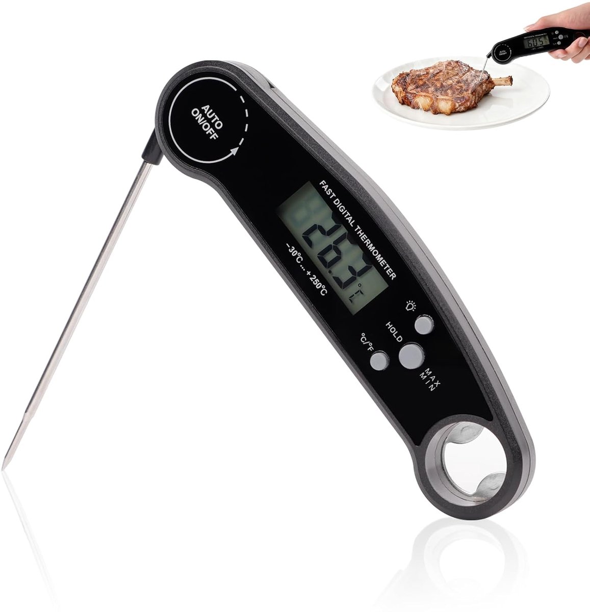 Kookthermometer Digitaal – Opvouwbaar met Directe Aflezing (0,1s) – ±0,1°C Tolerantie – Extra Lange, Waterdichte Sonde – Voor Vlees, Grill en BBQ