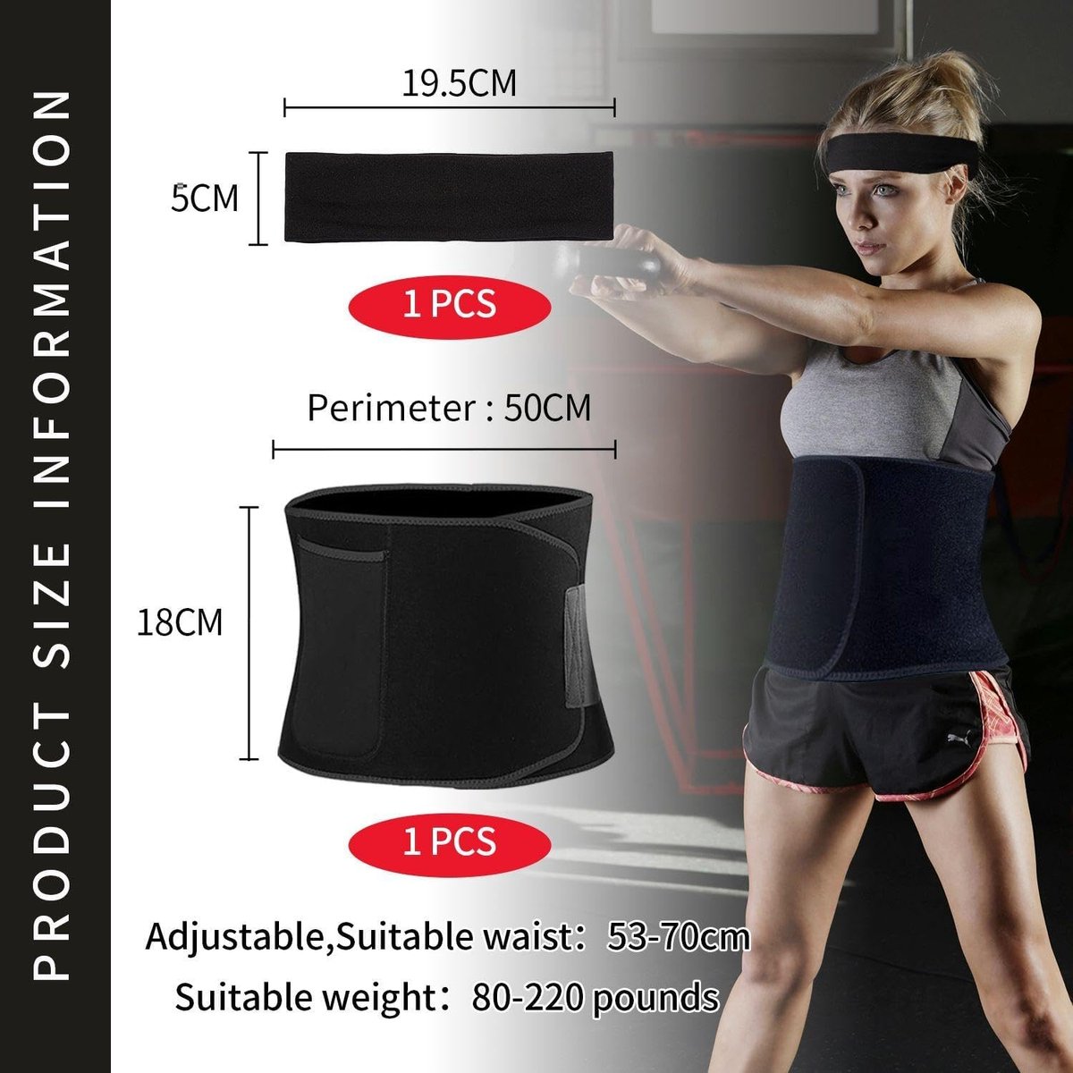 1-delige fitnessgordel met 1 hoofdband, elastische steunriem, ademende en zweetabsorberende riem, riem voor fitnesstraining, fietsen