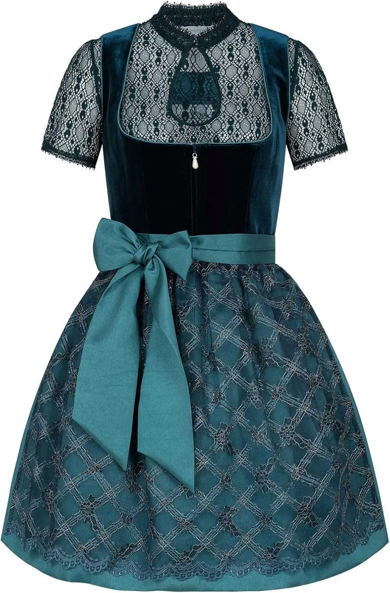 Manufaktur Dirndl voor dames, in een set, Franziska, set bevat jurk, blouse en schort, midi-dirndl met 60 cm roklengte, fijne fluwelen look en parelapplicatie op jurk en blouse
