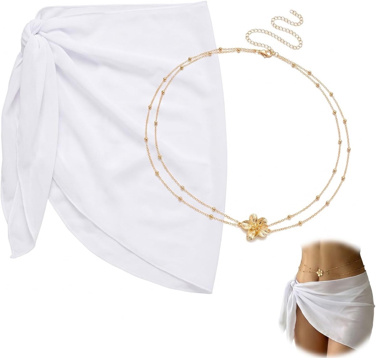 Witte pareo voor dames met decoratieve ketting, chiffonrok, combineerbaar met badpakken voor strand en zwembad