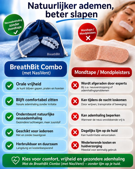 Vergelijking van BreathBit Combo neusdilatoren met mondtape. Blauwe BreathBit is comfortabel en effectief.