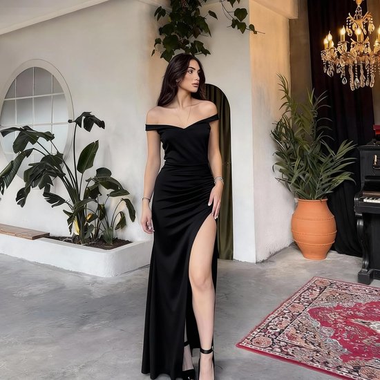 Avondjurk voor dames, sexy, maxi-jurk, schoudervrij, elegant, lang, met opening, feestjurk, nauwsluitend, voor cocktail, club, gasten, bruiloft, ceremonie — afbeelding 4
