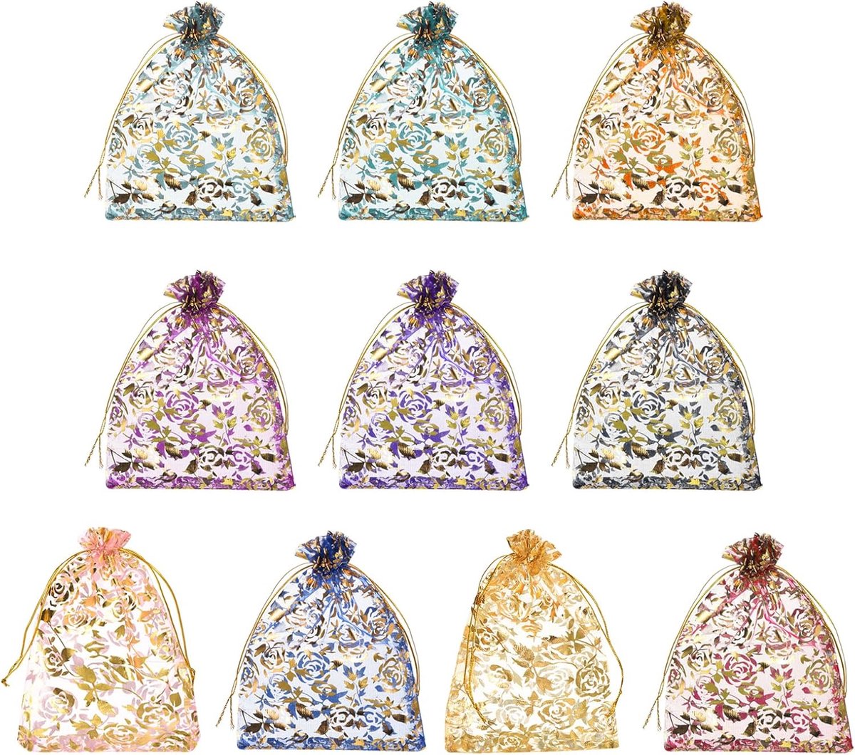Organzazakjes, 50 stuks, 10 x 15 cm, cadeauzakjes, sieradenzakjes, bloemenpatroon, mesh-zakjes met trekkoord, organzazakjes voor bruiloft, feest, snoep, meerkleurig goud