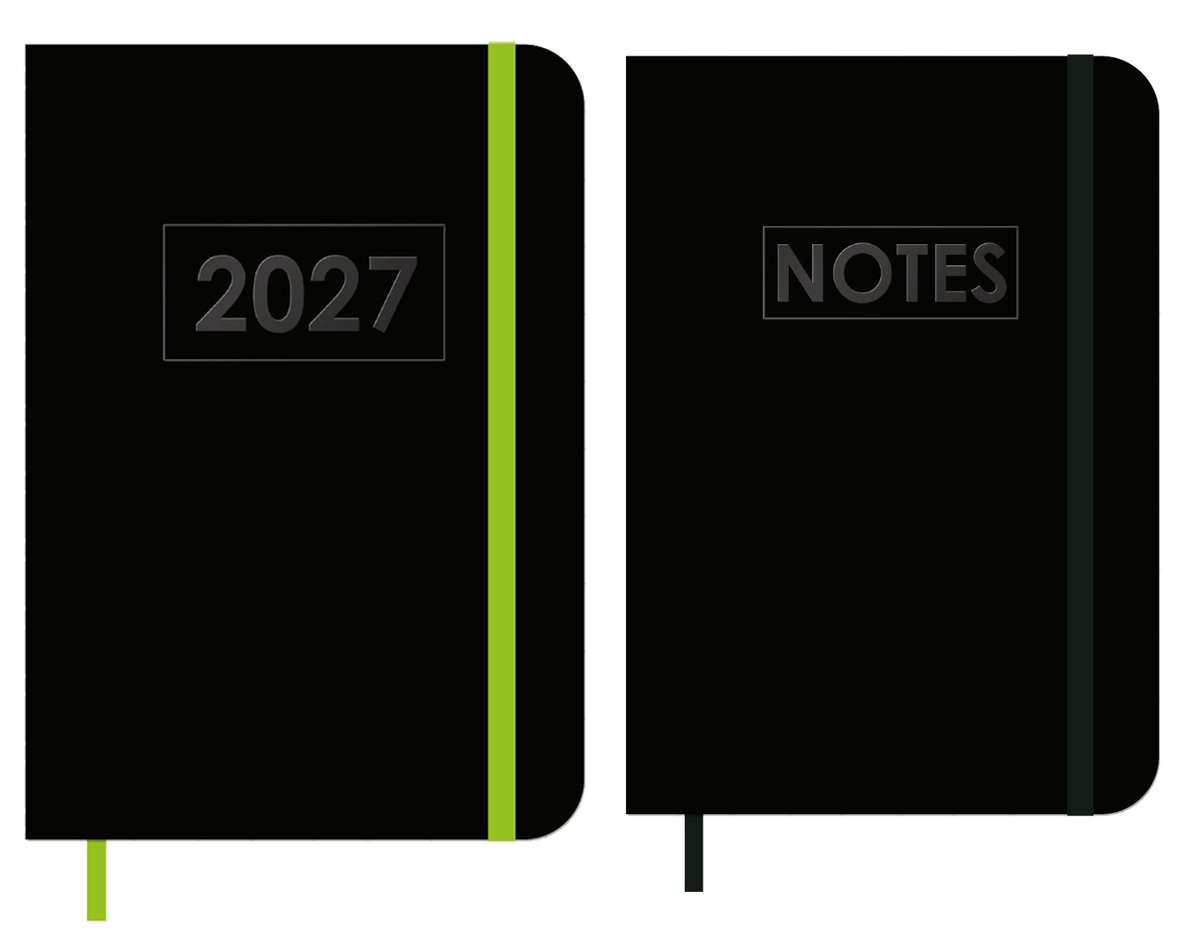 MGPcards - A6 Agenda 2027 - Weekoverzicht 1w/2p - Zwart + Groen elastiek - 10,5 x 14,8 cm + Notitieboekje/opschrijfboekje - gelinieerd - 80 pagina's - A6 - Zwart