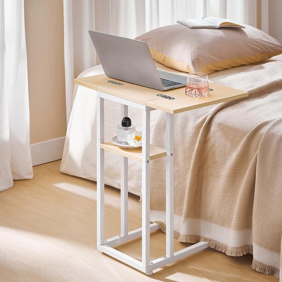 C-vormige bijzettafel, opklapbare banktafel, salontafel, snacktafel met opbergplank, smal nachtkastje voor woonkamer, slaapkamer, metalen frame, witte en houten afwerking EWN29SF01 — afbeelding 4