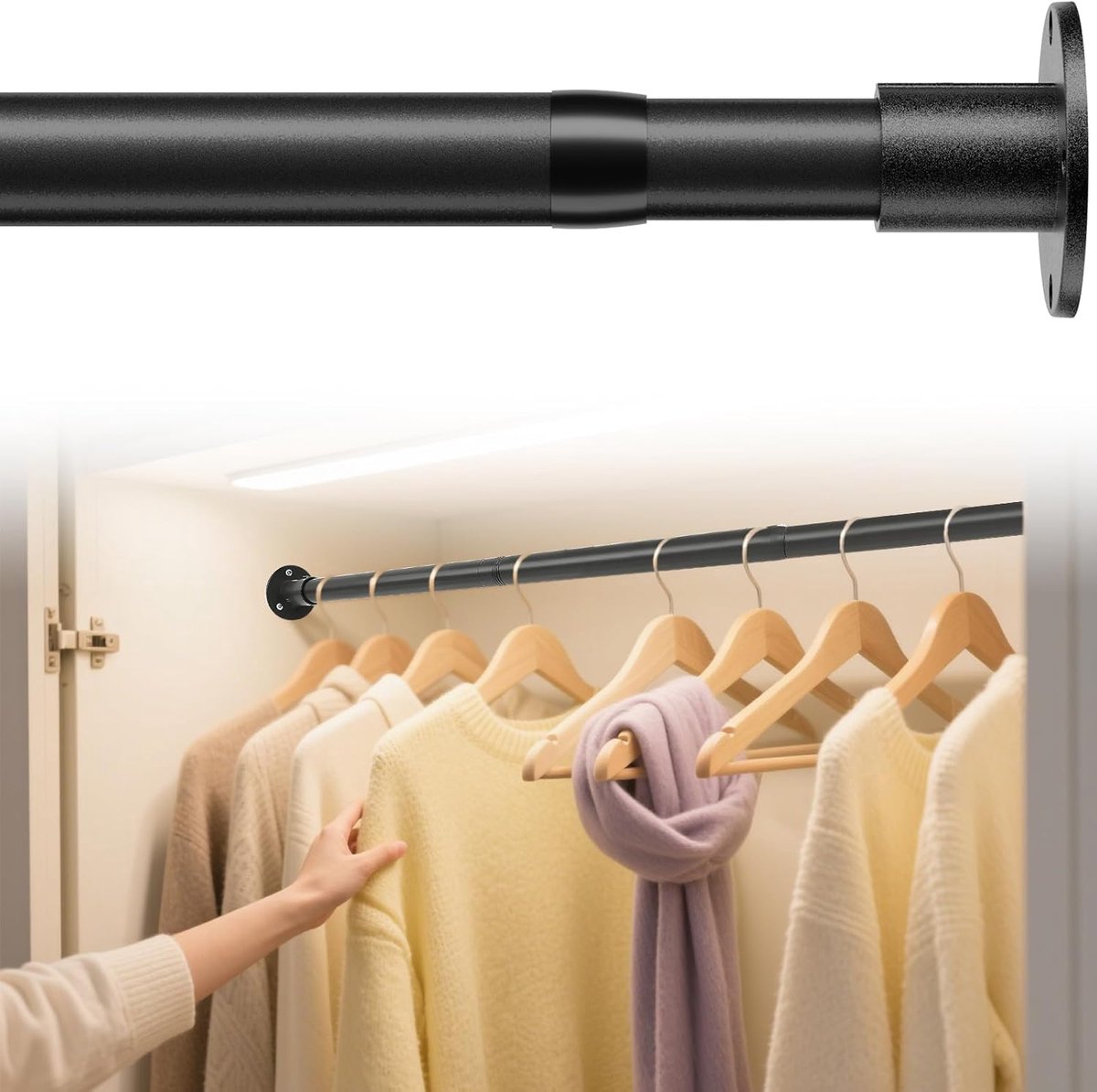 Kledingstang, 38-251 cm, kledingstang van roestvrij staal, verstelbare kledingkast kledingstang voor slaapkamer, mat zwart