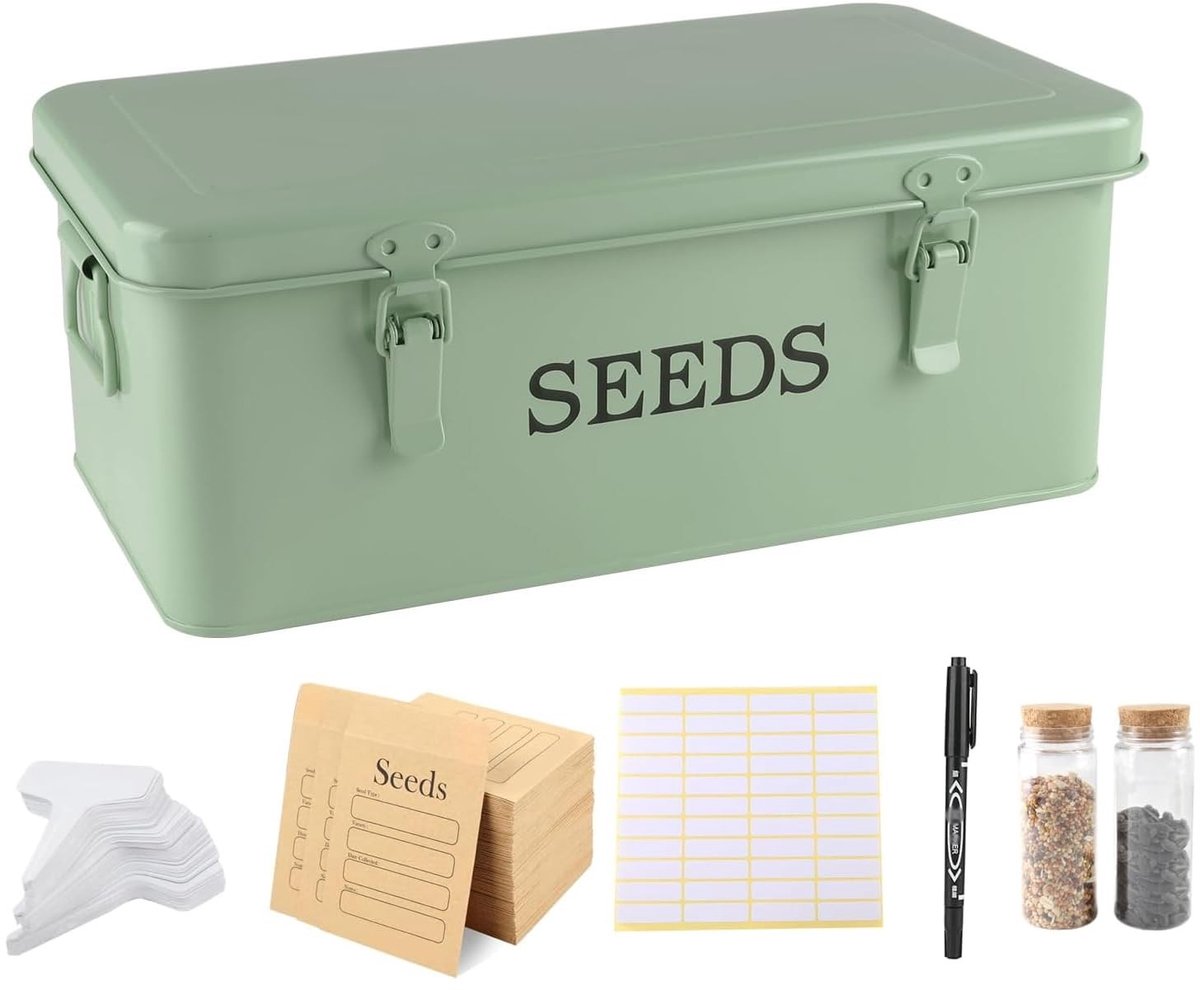 Elzusha - Metalen Zaden Opbergdoos met Slot en Accessoires - Vintage Groen