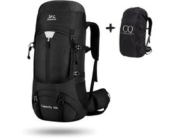 CarryQuest® 60L Hiking Rugzak - Waterdichte Trekking Backpack met Regenhoes, Drinksysteem, MOLLE-Systeem & Front-/Toploader - Zwart
