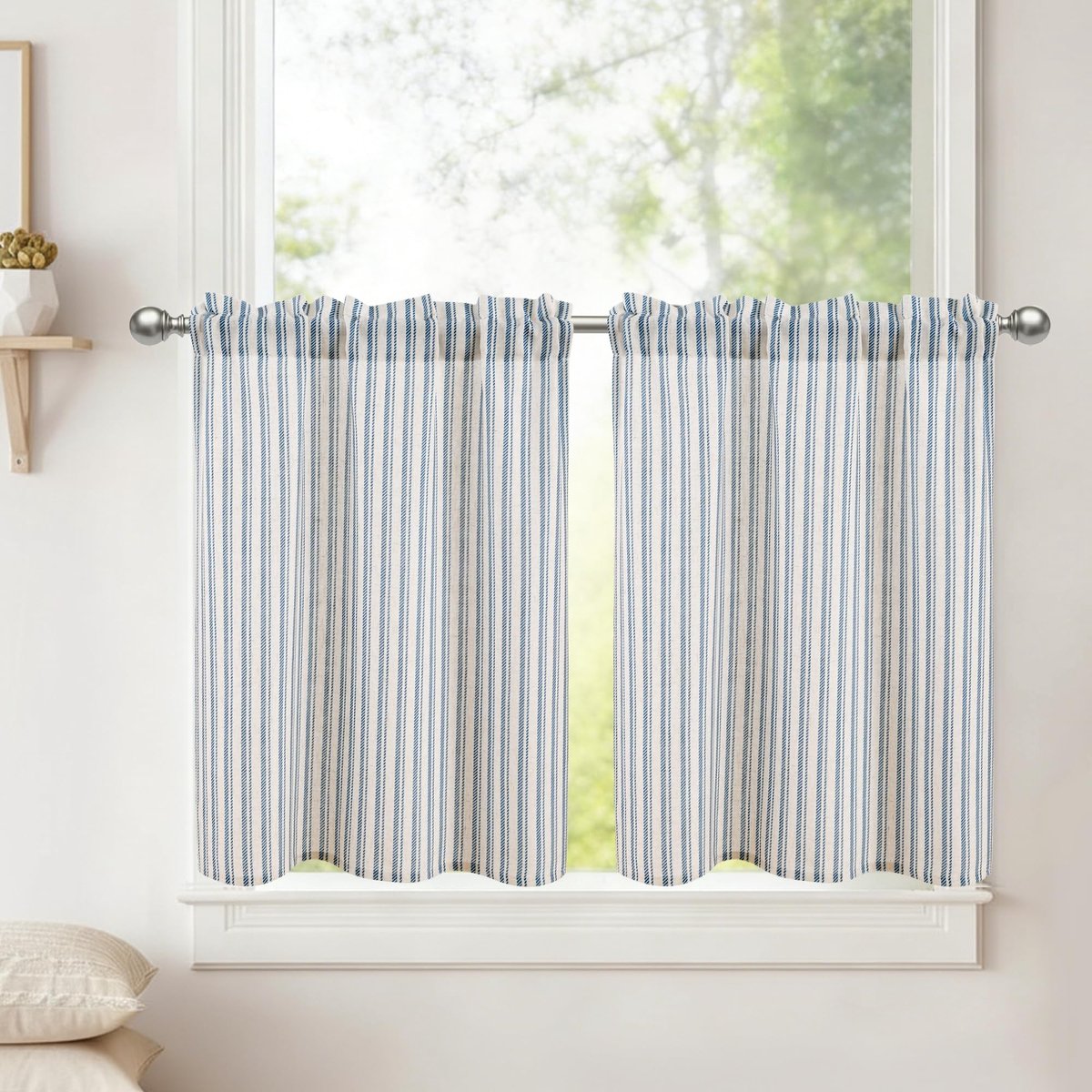 Set van 2 Gestripte Linnenlook Bistro Gordijnen - Blauw - 45x90 cm