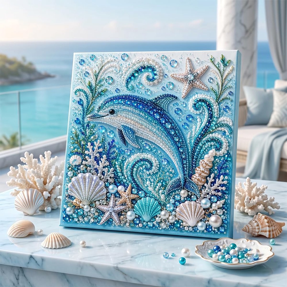 Casalora® 3D Diamant Schilderij DIY Kit Oceaan Parel – Dolfijn – Diamond Painting Set met Lijst – Creatieve Hobby voor Volwassenen & Beginners – Wanddecoratie Cadeau