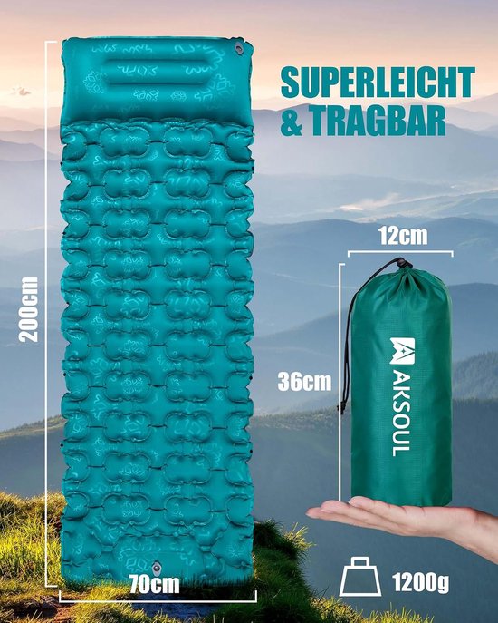 Opblaasbare Isomat - Luchtbed Kamperen - Outdoor Slapen - Ingebouwde Voetpomp - 10 cm Dik - Pauwenblauw — afbeelding 5