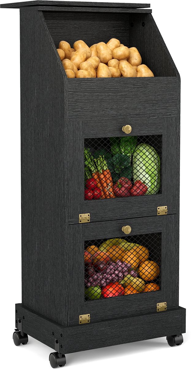 Puluomis - Aardappelkast - Groentekast - Voorraadkast keuken - Opbergkast met 3 niveaus - met gaasdeur - verplaatsbaar met wielen - Zwart
